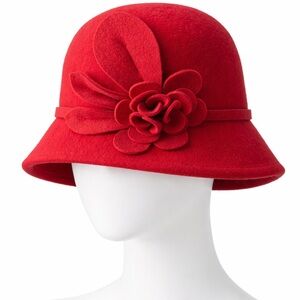 Nine West Red Wool Cloche Hat Floral Accent Elegant Winter Dress Hat